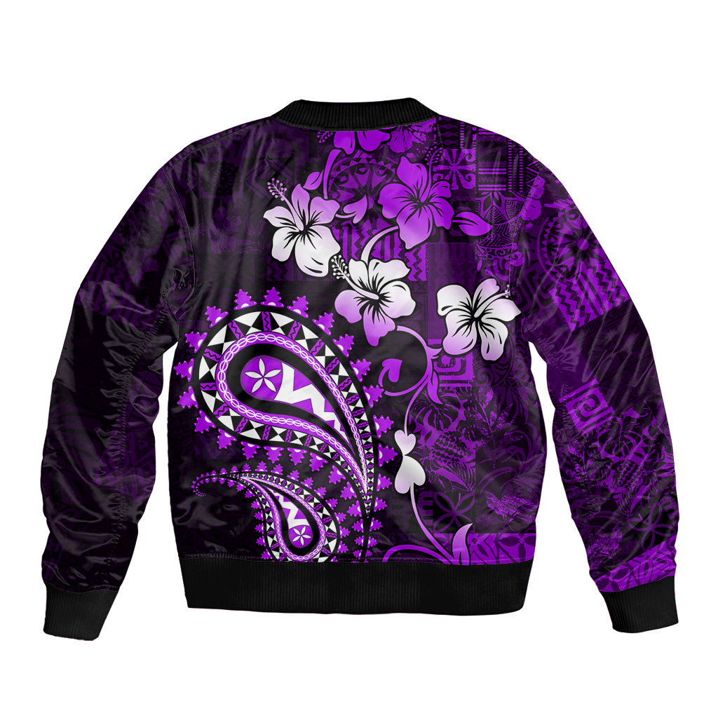 Fiji Masi Paisley Bomber Jacket Fijian Hibiscus Tapa Purple Version LT01 - Polynesian Pride