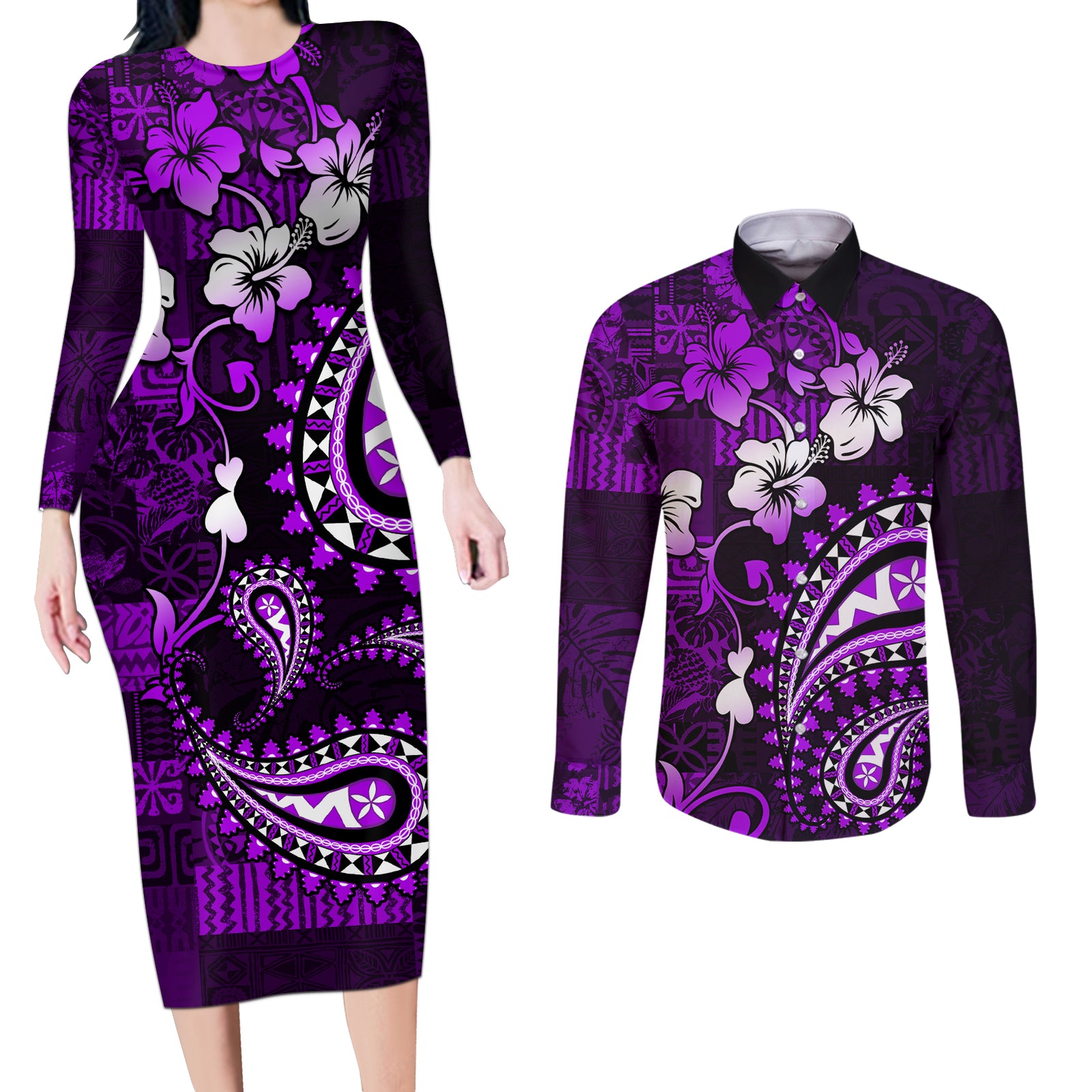 Fiji Masi Paisley Couples Matching Long Sleeve Bodycon Dress and Long Sleeve Button Shirt Fijian Hibiscus Tapa Purple Version LT01 Purple - Polynesian Pride