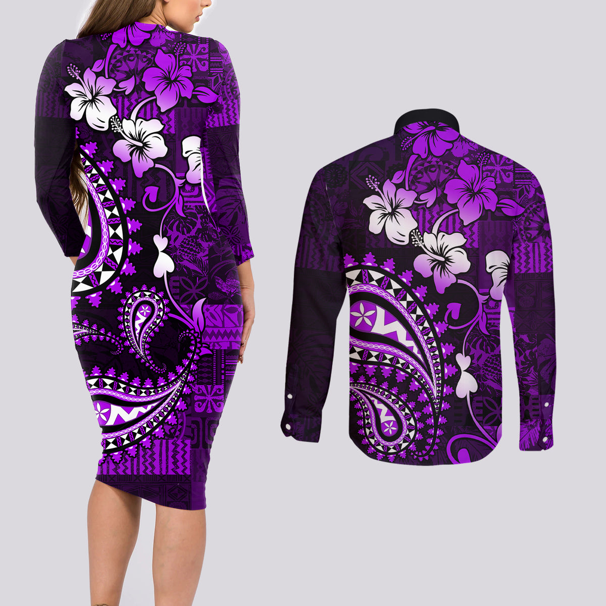 Fiji Masi Paisley Couples Matching Long Sleeve Bodycon Dress and Long Sleeve Button Shirt Fijian Hibiscus Tapa Purple Version LT01 - Polynesian Pride