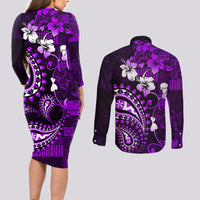 Fiji Masi Paisley Couples Matching Long Sleeve Bodycon Dress and Long Sleeve Button Shirt Fijian Hibiscus Tapa Purple Version LT01 - Polynesian Pride