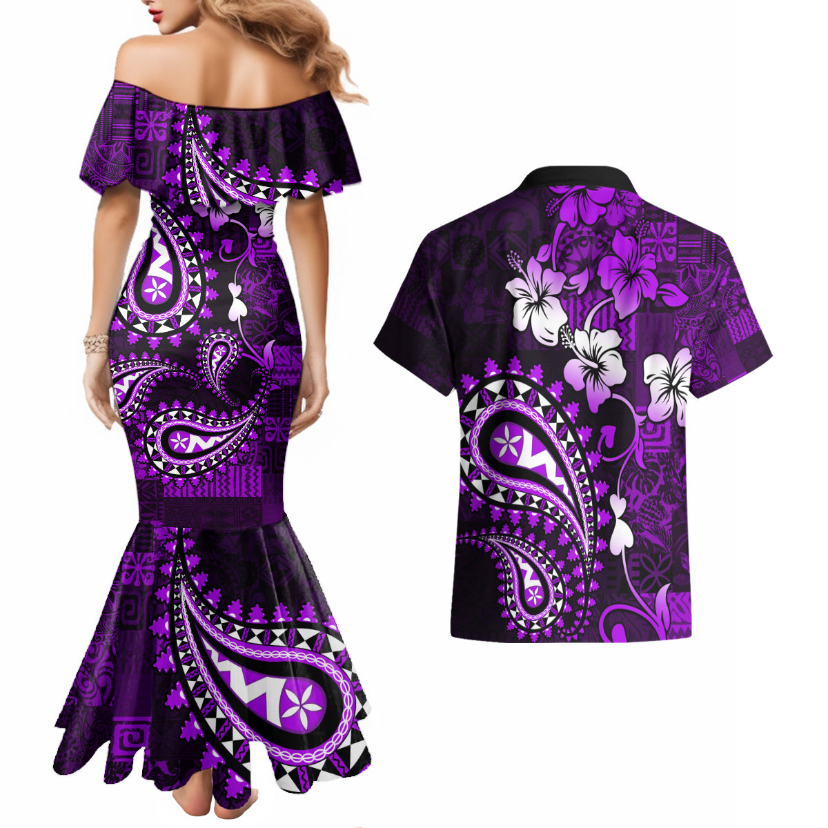 Fiji Masi Paisley Couples Matching Mermaid Dress and Hawaiian Shirt Fijian Hibiscus Tapa Purple Version LT01 - Polynesian Pride