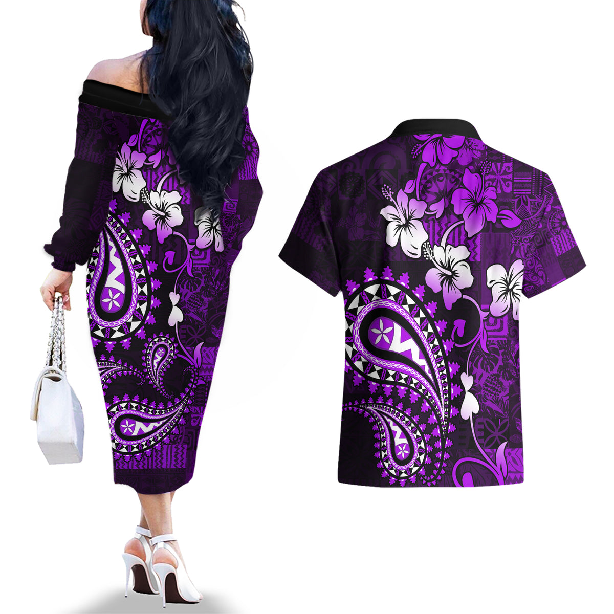 Fiji Masi Paisley Couples Matching Off The Shoulder Long Sleeve Dress and Hawaiian Shirt Fijian Hibiscus Tapa Purple Version LT01 - Polynesian Pride