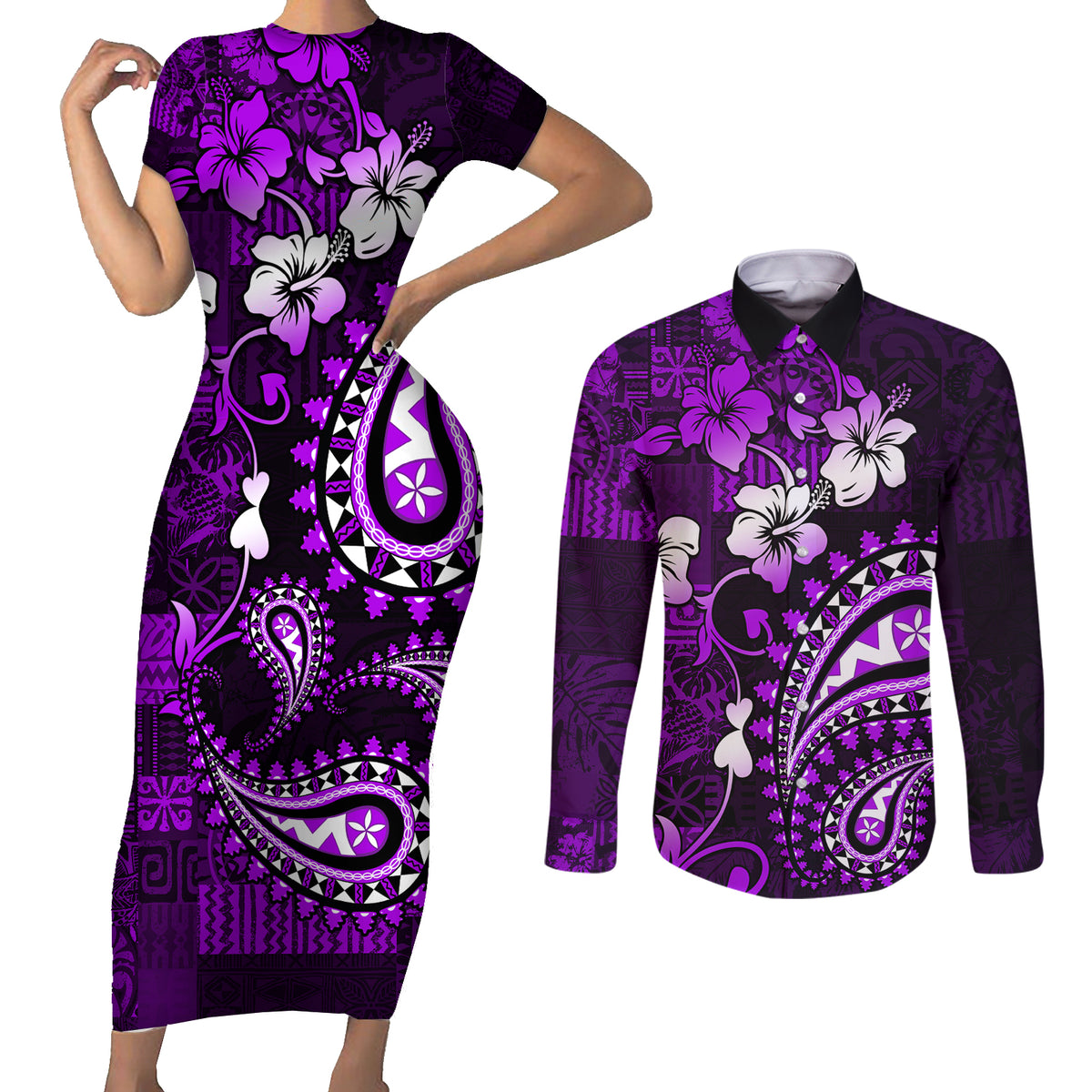 Fiji Masi Paisley Couples Matching Short Sleeve Bodycon Dress and Long Sleeve Button Shirt Fijian Hibiscus Tapa Purple Version LT01 Purple - Polynesian Pride
