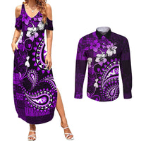 Fiji Masi Paisley Couples Matching Summer Maxi Dress and Long Sleeve Button Shirt Fijian Hibiscus Tapa Purple Version LT01 Purple - Polynesian Pride