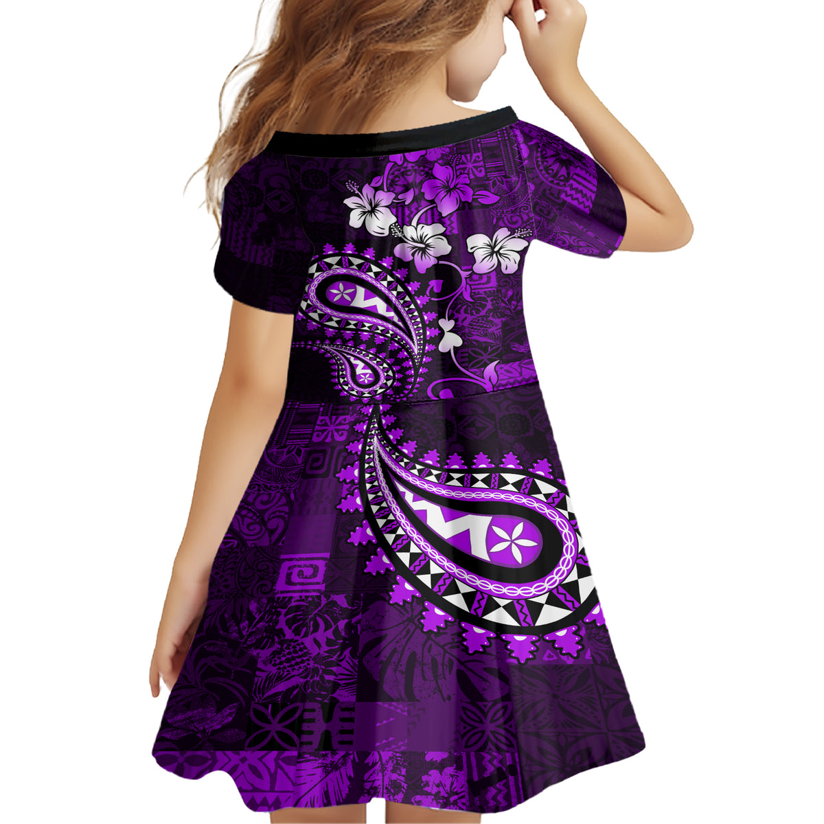 Fiji Masi Paisley Family Matching Short Sleeve Bodycon Dress and Hawaiian Shirt Fijian Hibiscus Tapa Purple Version LT01 - Polynesian Pride