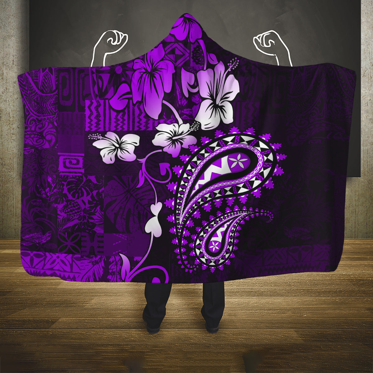 Fiji Masi Paisley Hooded Blanket Fijian Hibiscus Tapa Purple Version LT01 One Size Purple - Polynesian Pride
