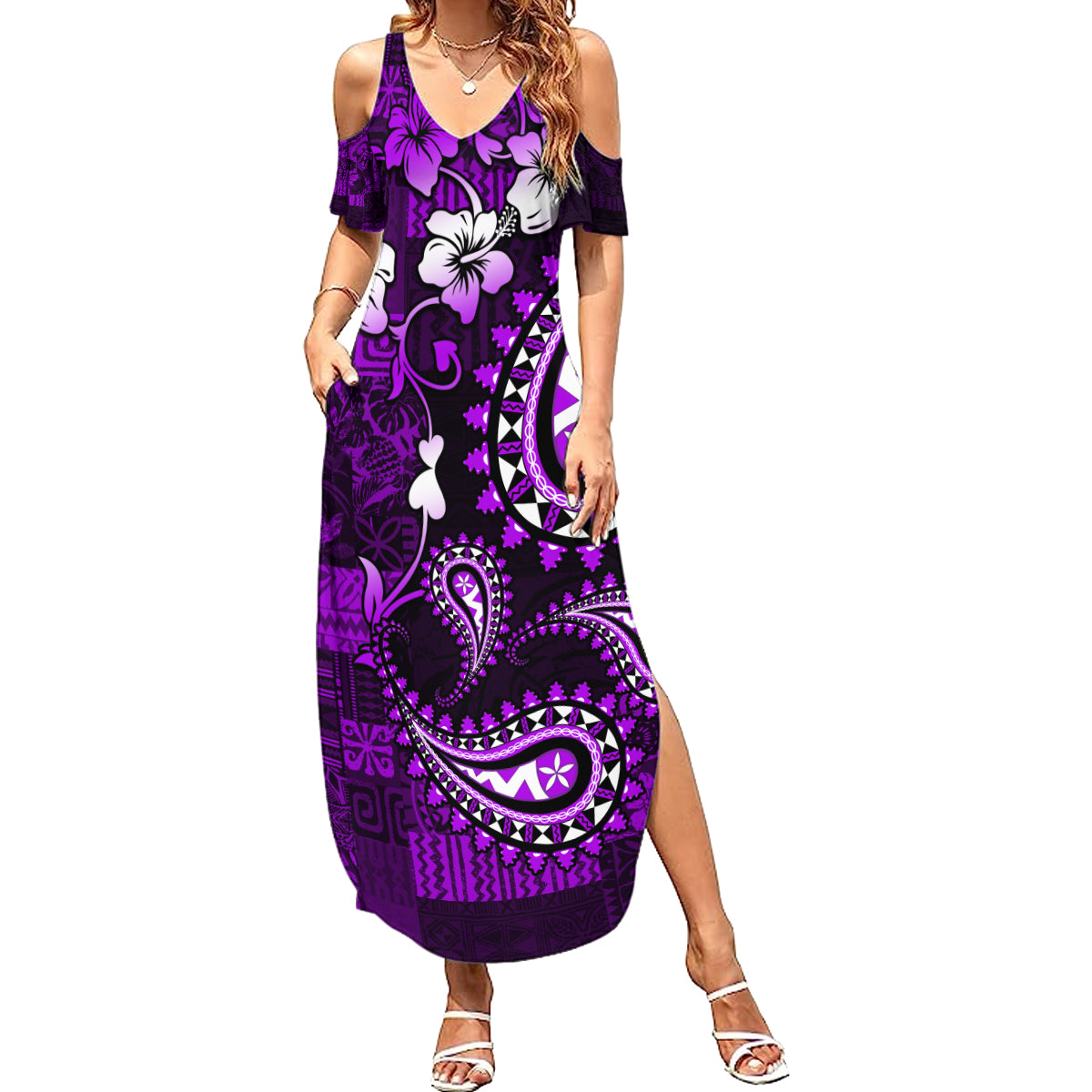 Fiji Masi Paisley Summer Maxi Dress Fijian Hibiscus Tapa Purple Version LT01 Women Purple - Polynesian Pride