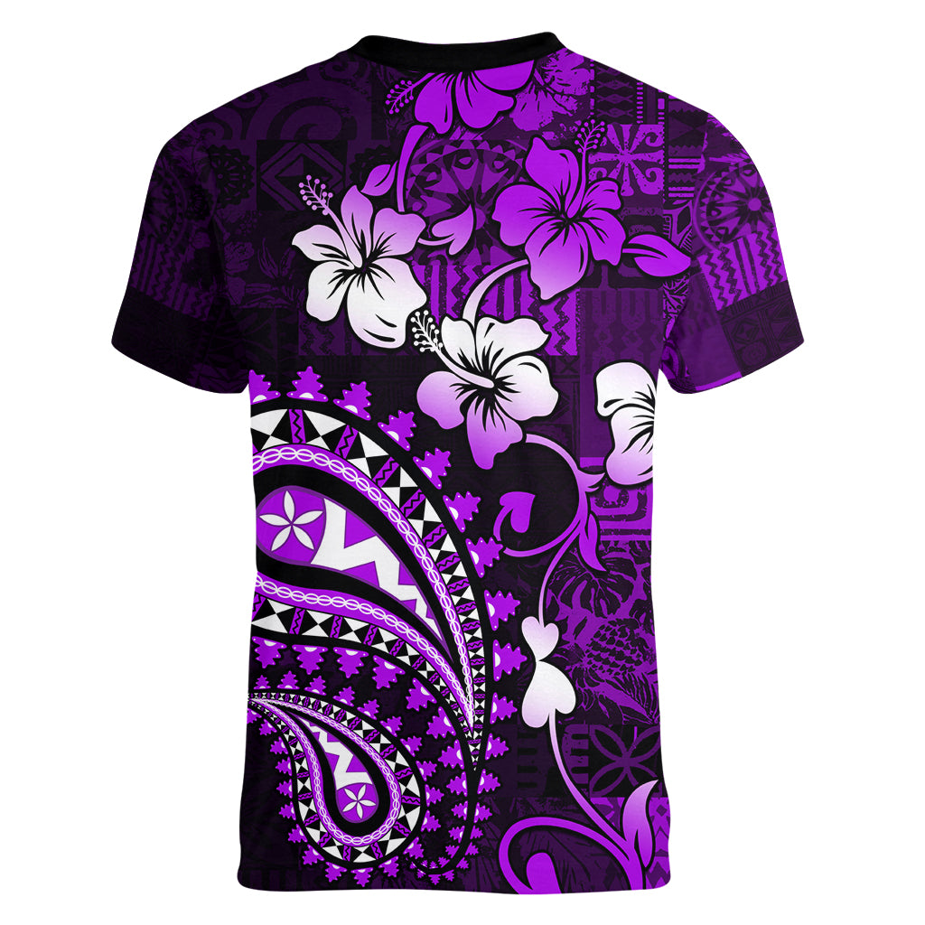 Fiji Masi Paisley Women V Neck T Shirt Fijian Hibiscus Tapa Purple Version LT01 - Polynesian Pride