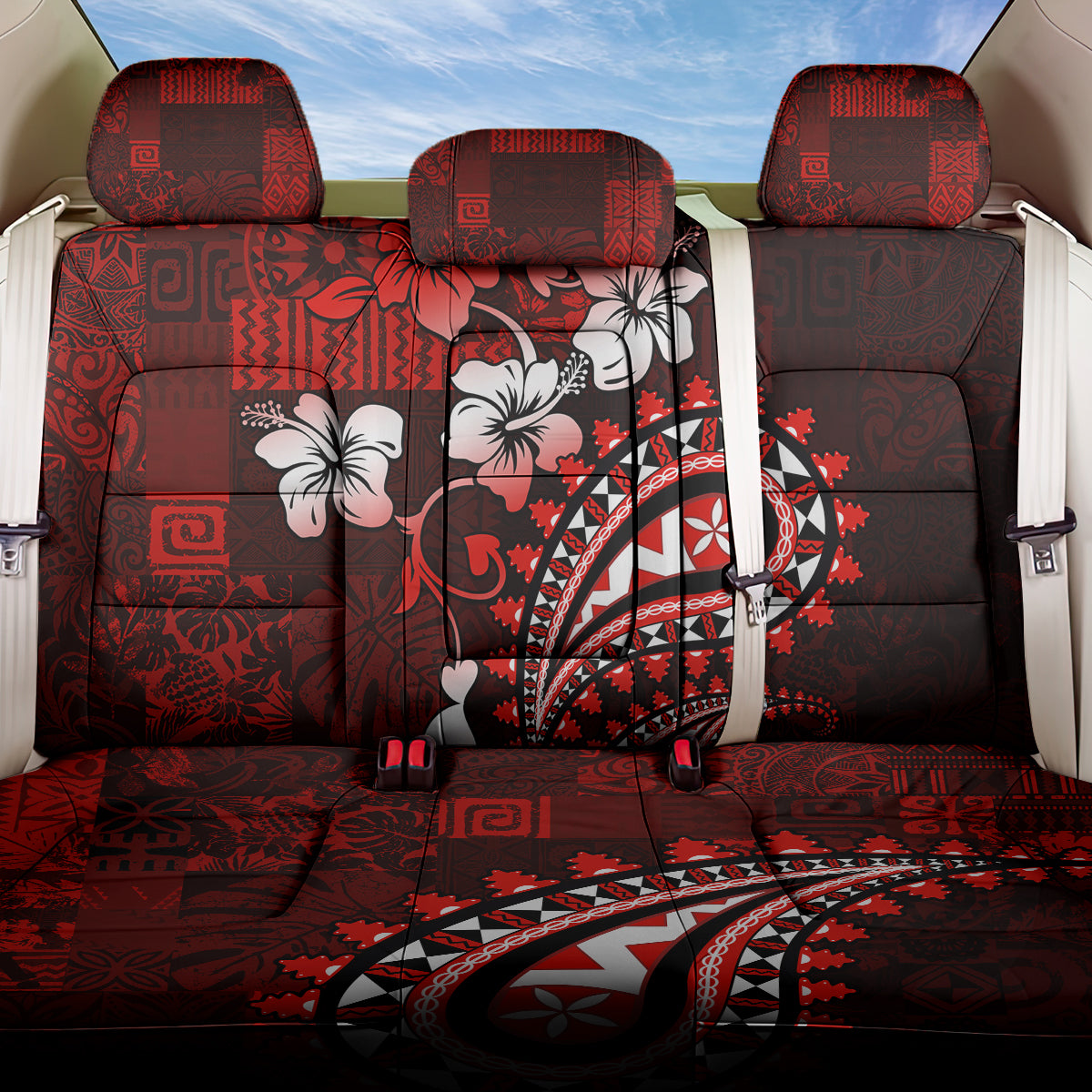 Fiji Masi Paisley Back Car Seat Cover Fijian Hibiscus Tapa Red Version LT01 One Size Red - Polynesian Pride