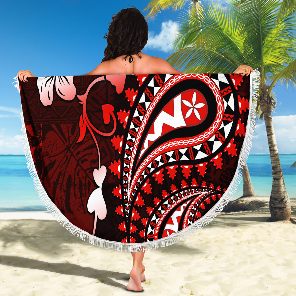 Fiji Masi Paisley Beach Blanket Fijian Hibiscus Tapa Red Version LT01 - Polynesian Pride