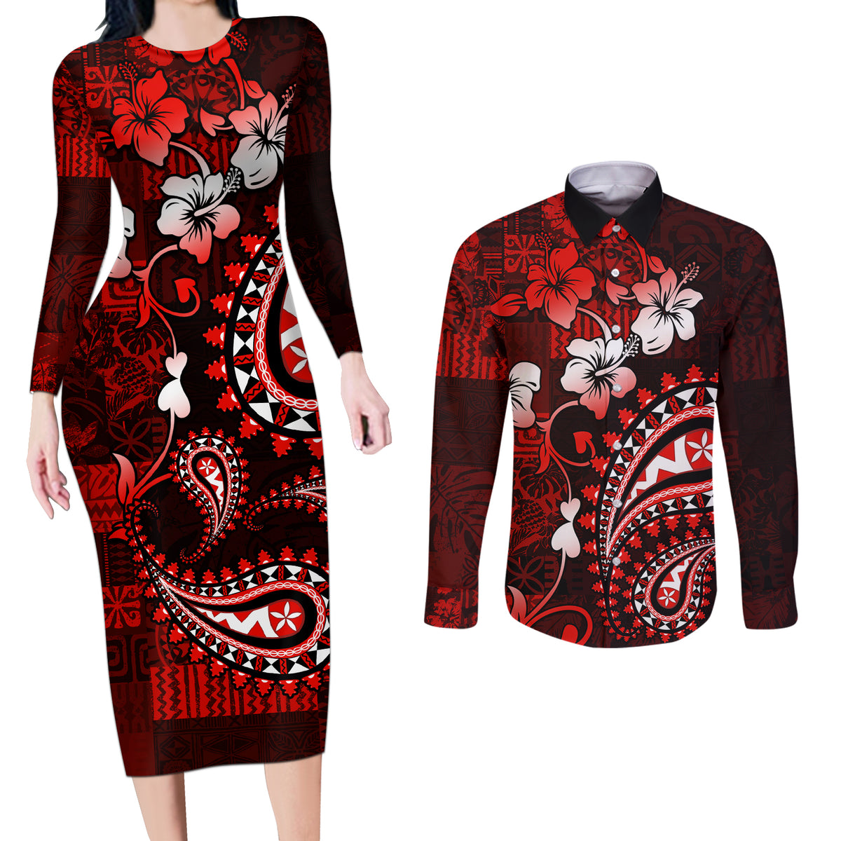 Fiji Masi Paisley Couples Matching Long Sleeve Bodycon Dress and Long Sleeve Button Shirt Fijian Hibiscus Tapa Red Version LT01 Red - Polynesian Pride