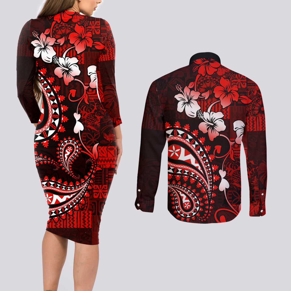 Fiji Masi Paisley Couples Matching Long Sleeve Bodycon Dress and Long Sleeve Button Shirt Fijian Hibiscus Tapa Red Version LT01 - Polynesian Pride