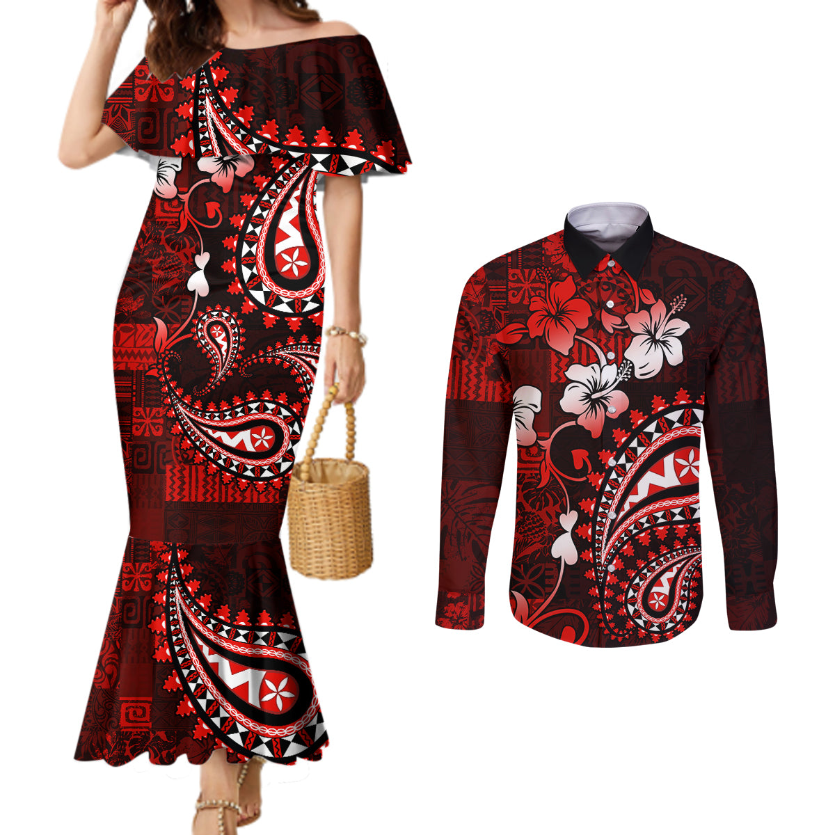 Fiji Masi Paisley Couples Matching Mermaid Dress and Long Sleeve Button Shirt Fijian Hibiscus Tapa Red Version LT01 Red - Polynesian Pride