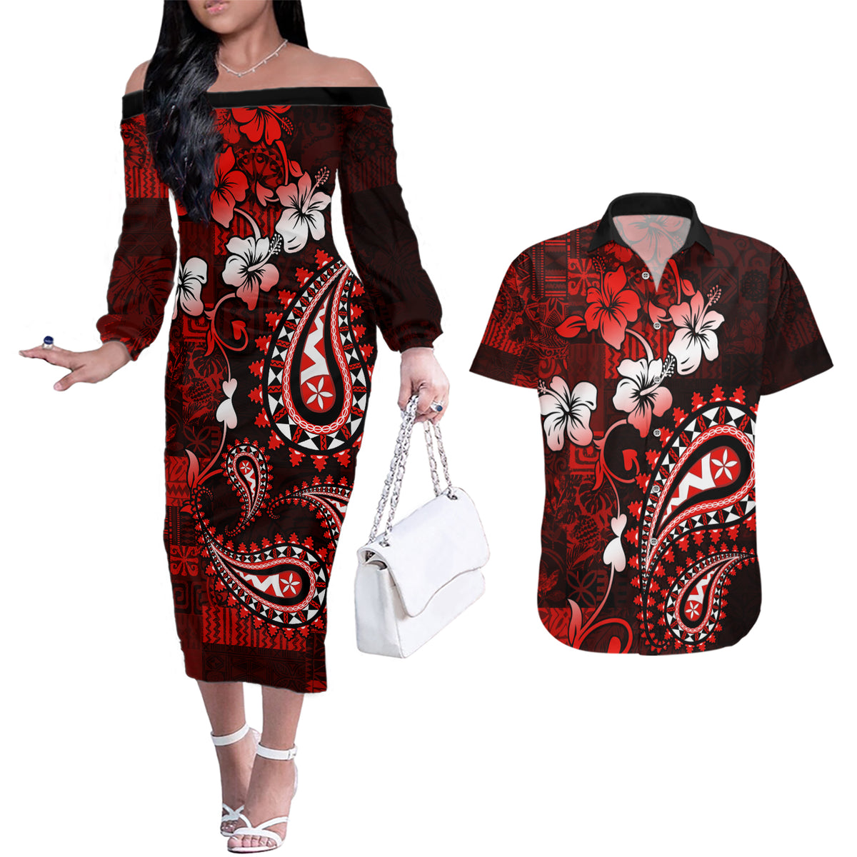Fiji Masi Paisley Couples Matching Off The Shoulder Long Sleeve Dress and Hawaiian Shirt Fijian Hibiscus Tapa Red Version LT01 Red - Polynesian Pride