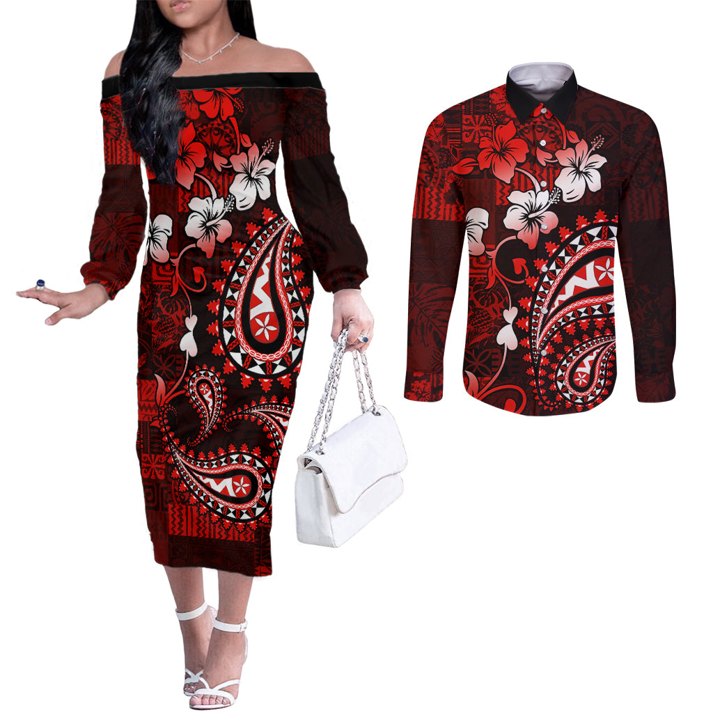 Fiji Masi Paisley Couples Matching Off The Shoulder Long Sleeve Dress and Long Sleeve Button Shirt Fijian Hibiscus Tapa Red Version LT01 Red - Polynesian Pride