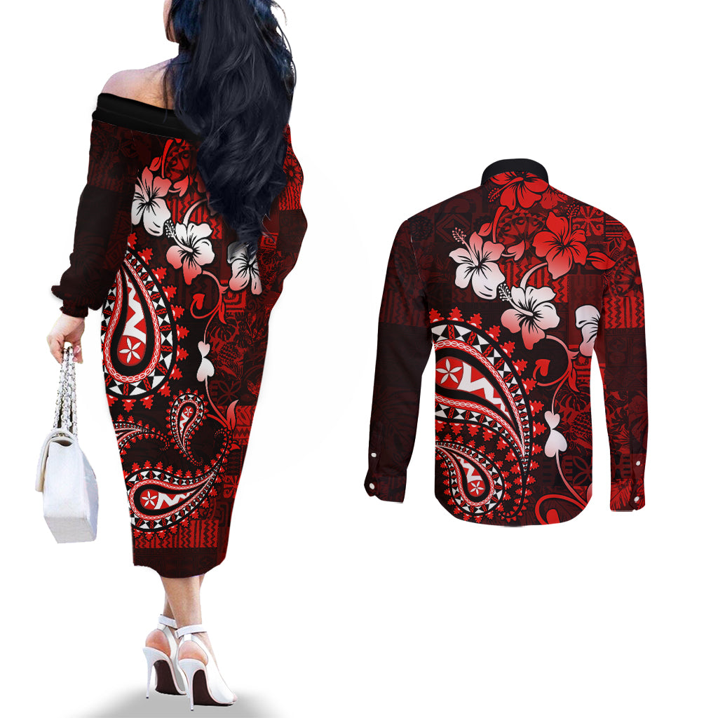 Fiji Masi Paisley Couples Matching Off The Shoulder Long Sleeve Dress and Long Sleeve Button Shirt Fijian Hibiscus Tapa Red Version LT01 - Polynesian Pride