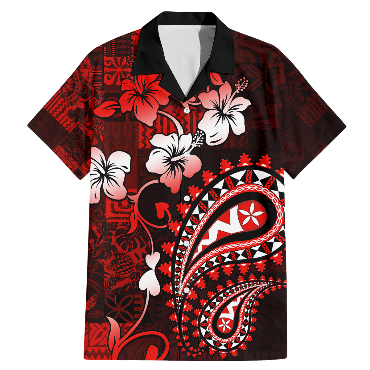 Fiji Masi Paisley Family Matching Mermaid Dress and Hawaiian Shirt Fijian Hibiscus Tapa Red Version LT01 Dad's Shirt - Short Sleeve Red - Polynesian Pride