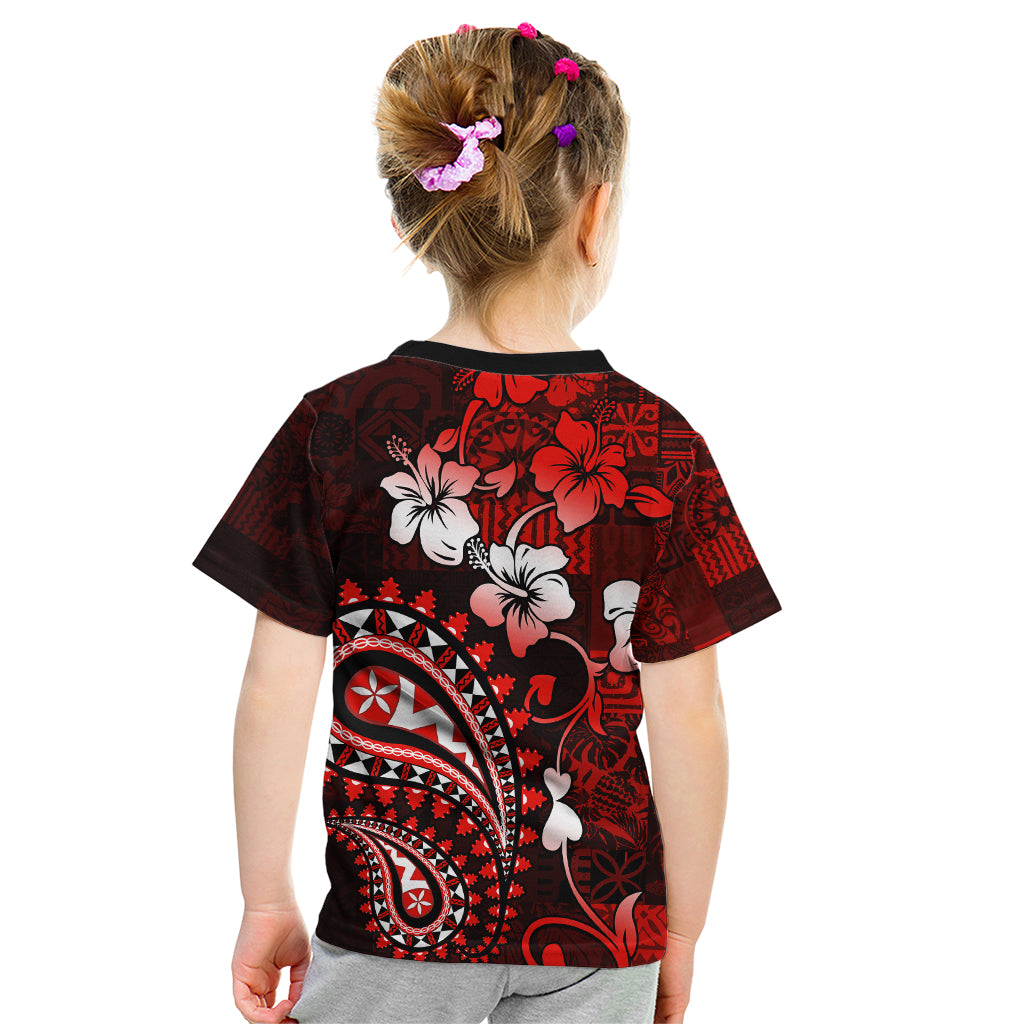 Fiji Masi Paisley Kid T Shirt Fijian Hibiscus Tapa Red Version LT01 - Polynesian Pride