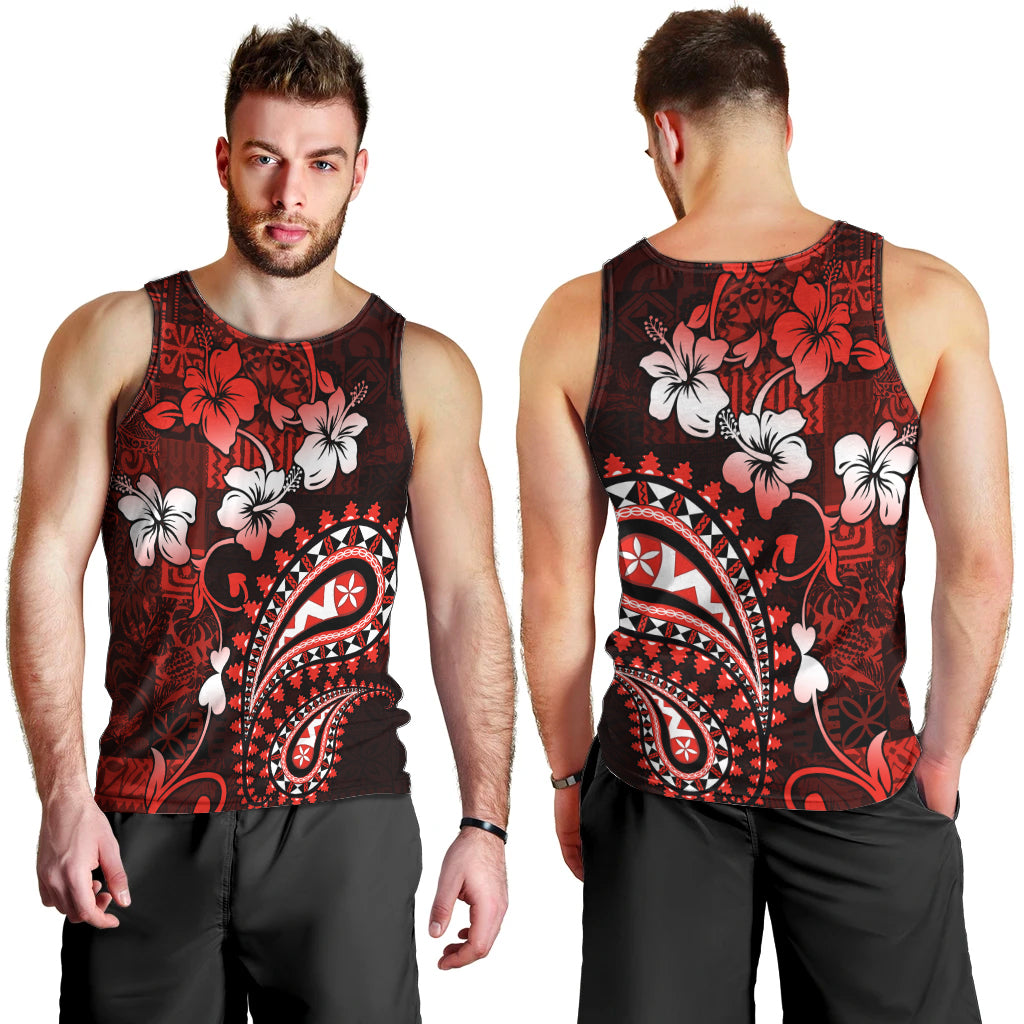Fiji Masi Paisley Men Tank Top Fijian Hibiscus Tapa Red Version LT01 - Polynesian Pride