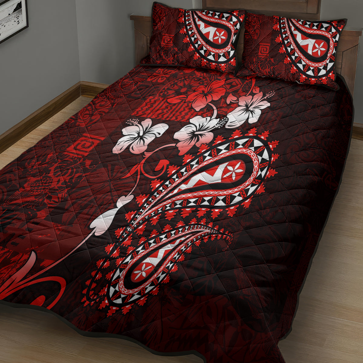 Fiji Masi Paisley Quilt Bed Set Fijian Hibiscus Tapa Red Version LT01 - Polynesian Pride