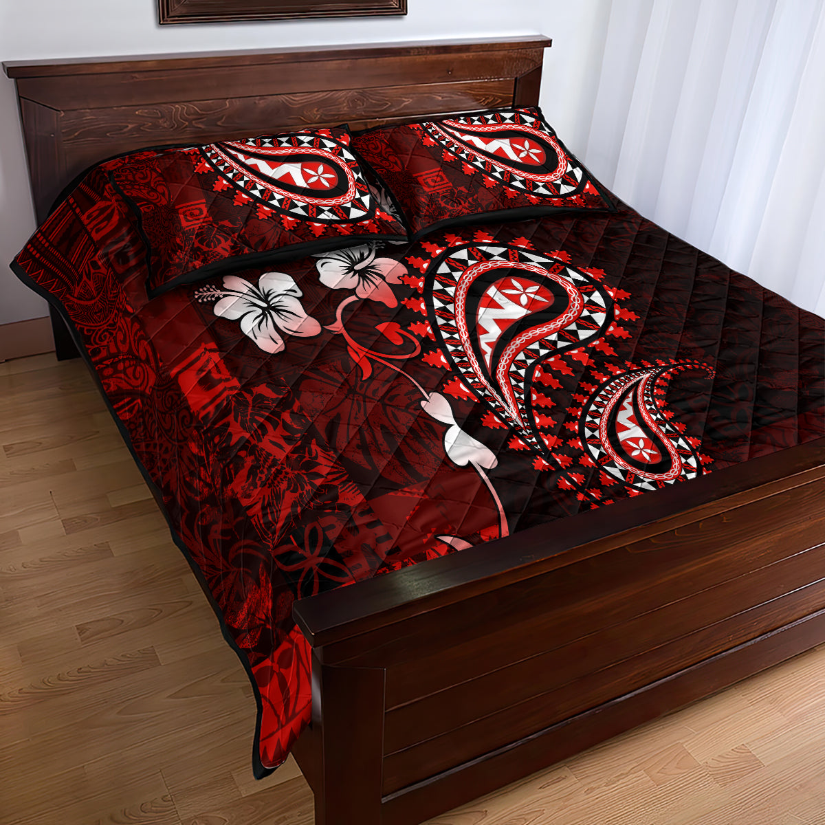 Fiji Masi Paisley Quilt Bed Set Fijian Hibiscus Tapa Red Version LT01 - Polynesian Pride