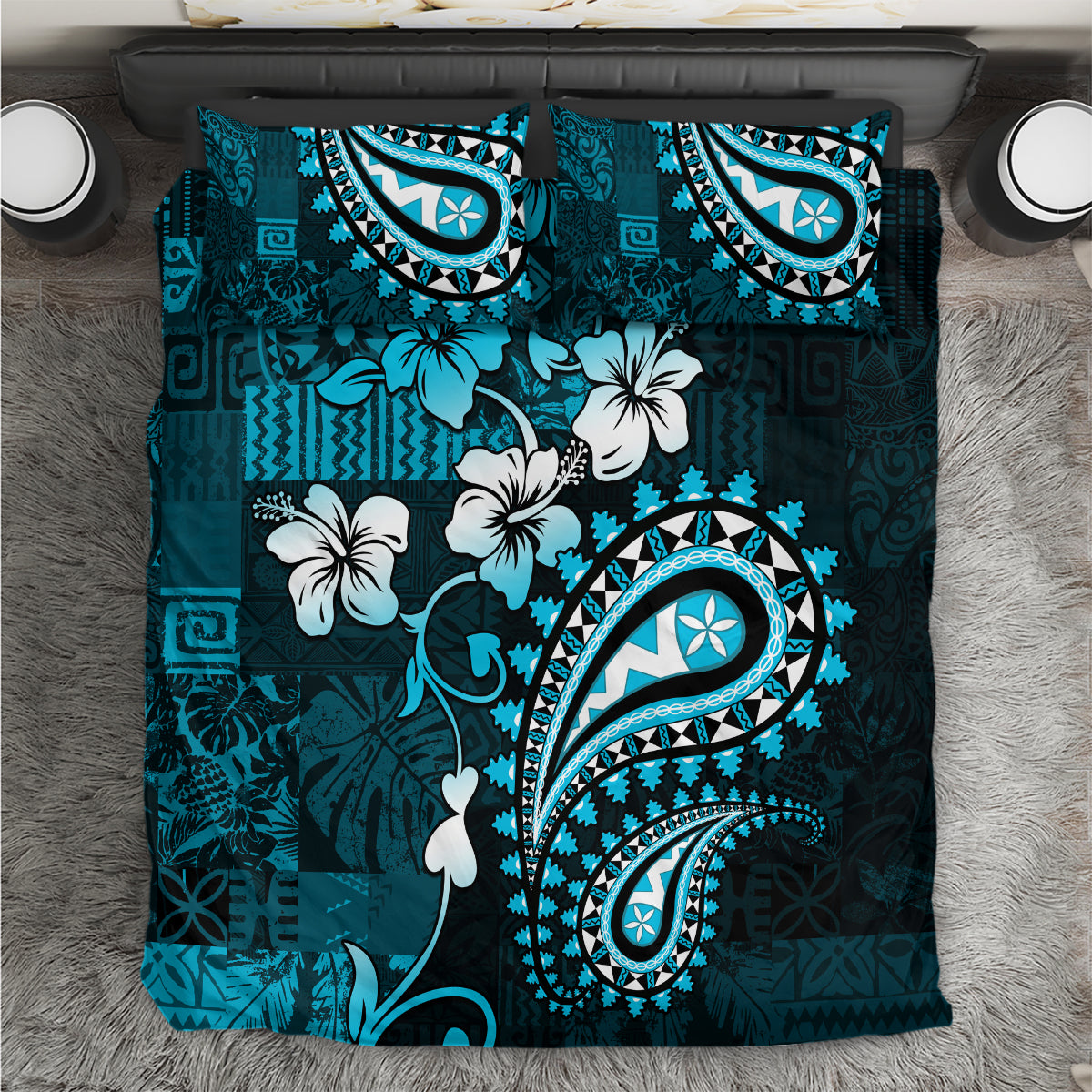 Fiji Masi Paisley Bedding Set Fijian Hibiscus Tapa Sky Blue Version LT01 Blue - Polynesian Pride
