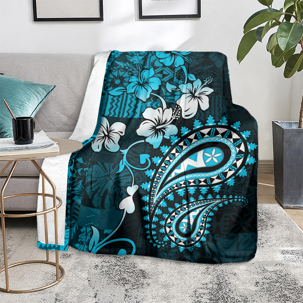 Fiji Masi Paisley Blanket Fijian Hibiscus Tapa Sky Blue Version LT01 - Polynesian Pride