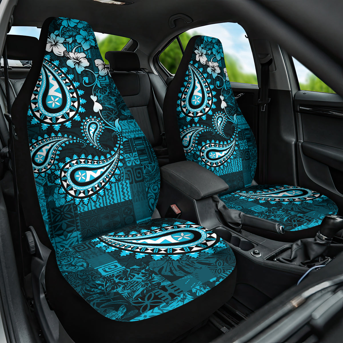 Fiji Masi Paisley Car Seat Cover Fijian Hibiscus Tapa Sky Blue Version LT01 One Size Blue - Polynesian Pride