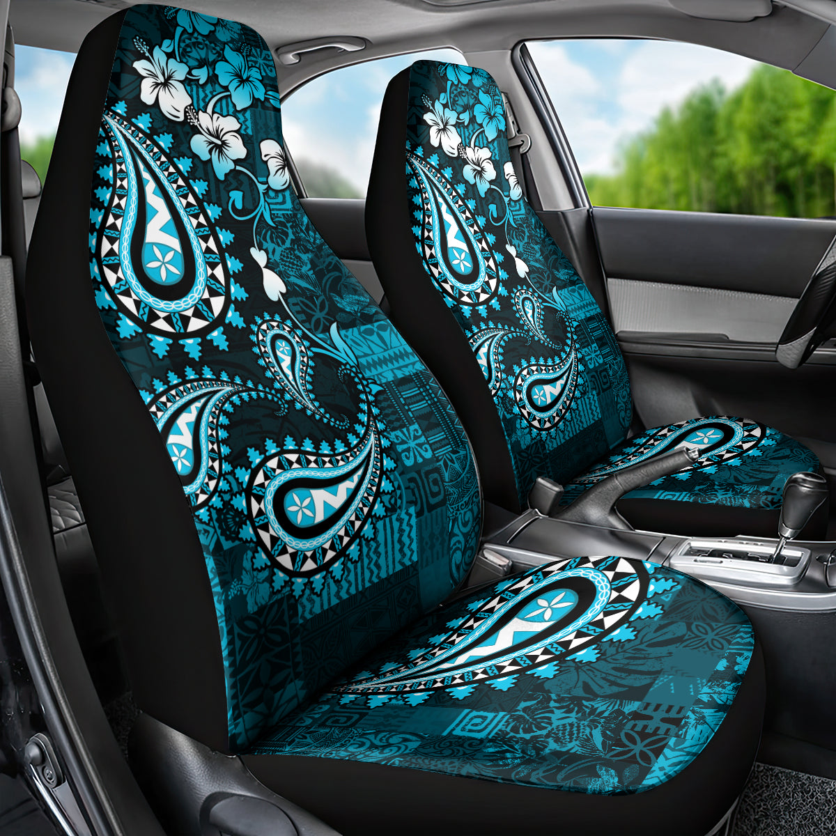 Fiji Masi Paisley Car Seat Cover Fijian Hibiscus Tapa Sky Blue Version LT01 - Polynesian Pride