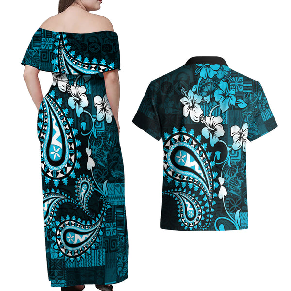 Fiji Masi mit Hibiscus Tapa Tribal Damen Freizeithemd Himmelblau Pastell LT01