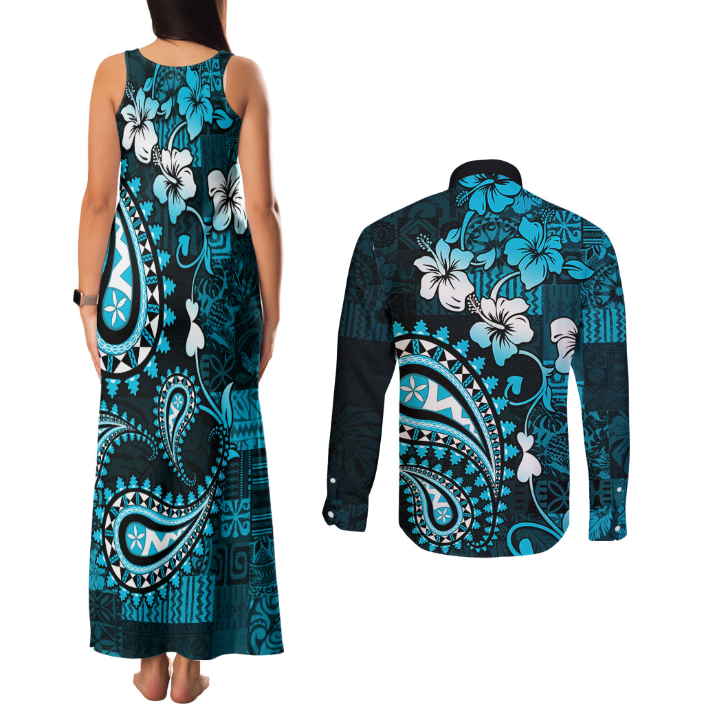 Fiji Masi Paisley Couples Matching Tank Maxi Dress and Long Sleeve Button Shirt Fijian Hibiscus Tapa Sky Blue Version LT01 - Polynesian Pride