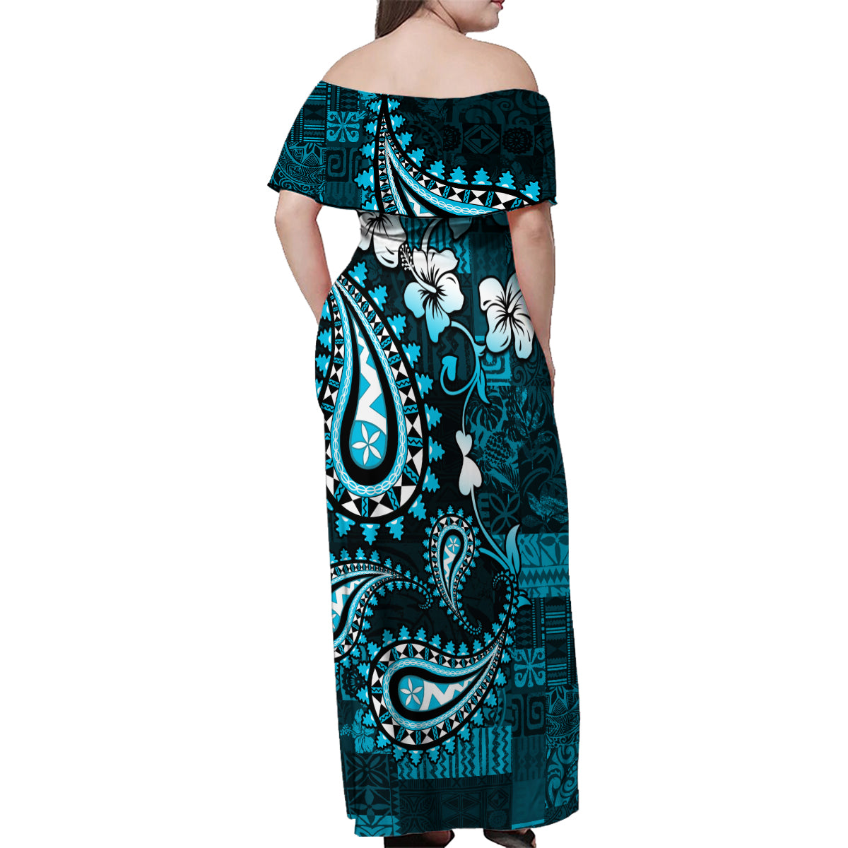 Fiji Masi Paisley Family Matching Off Shoulder Maxi Dress and Hawaiian Shirt Fijian Hibiscus Tapa Sky Blue Version LT01 - Polynesian Pride