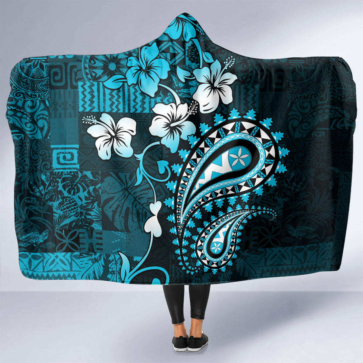 Fiji Masi Paisley Hooded Blanket Fijian Hibiscus Tapa Sky Blue Version LT01 - Polynesian Pride