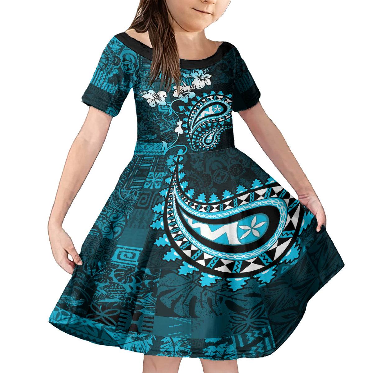 Fiji Masi Paisley Kid Short Sleeve Dress Fijian Hibiscus Tapa Sky Blue Version LT01 KID Blue - Polynesian Pride