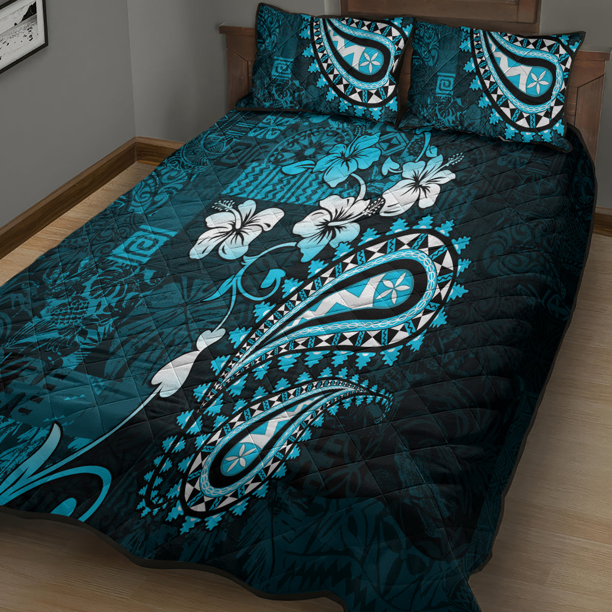 Fiji Masi Paisley Quilt Bed Set Fijian Hibiscus Tapa Sky Blue Version LT01 - Polynesian Pride