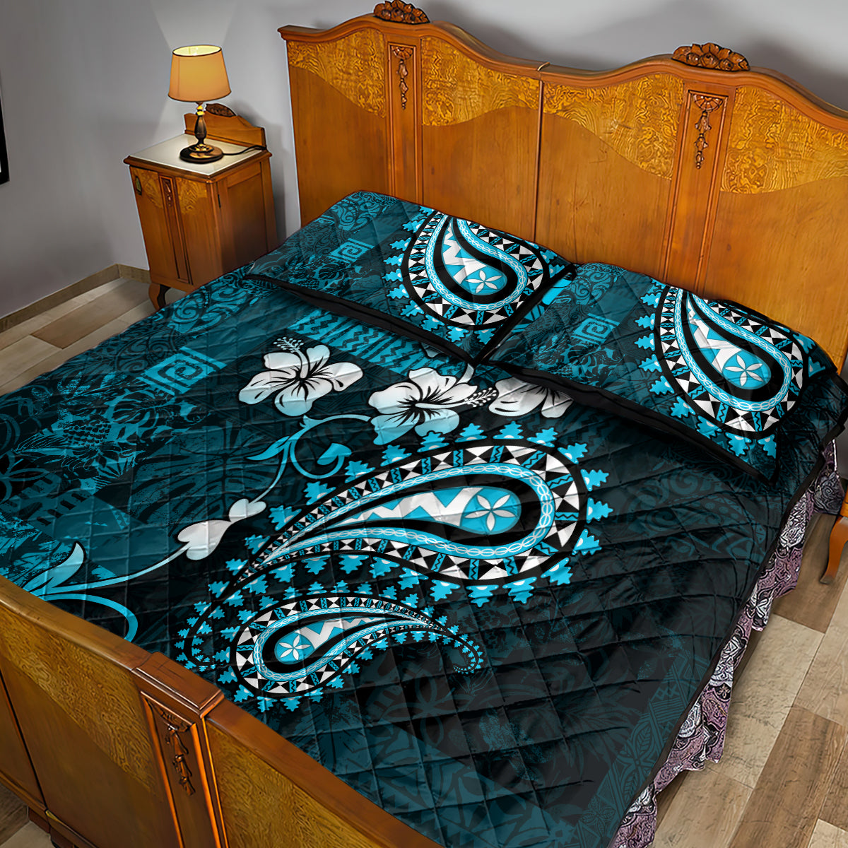 Fiji Masi Paisley Quilt Bed Set Fijian Hibiscus Tapa Sky Blue Version LT01 - Polynesian Pride