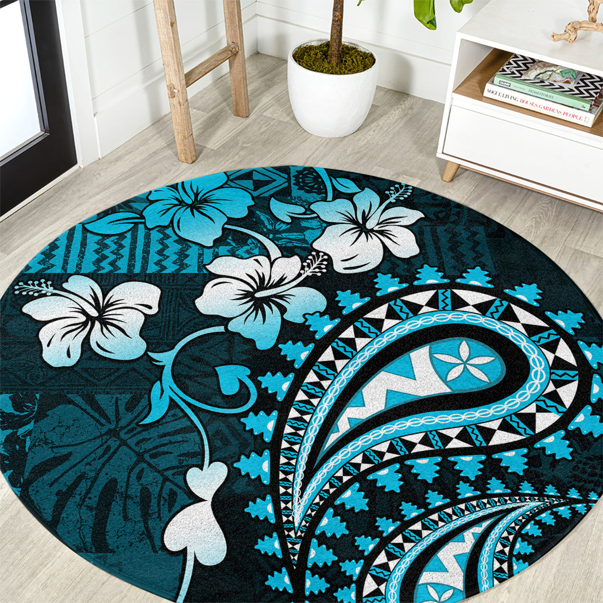 Fiji Masi Paisley Round Carpet Fijian Hibiscus Tapa Sky Blue Version LT01 Blue - Polynesian Pride