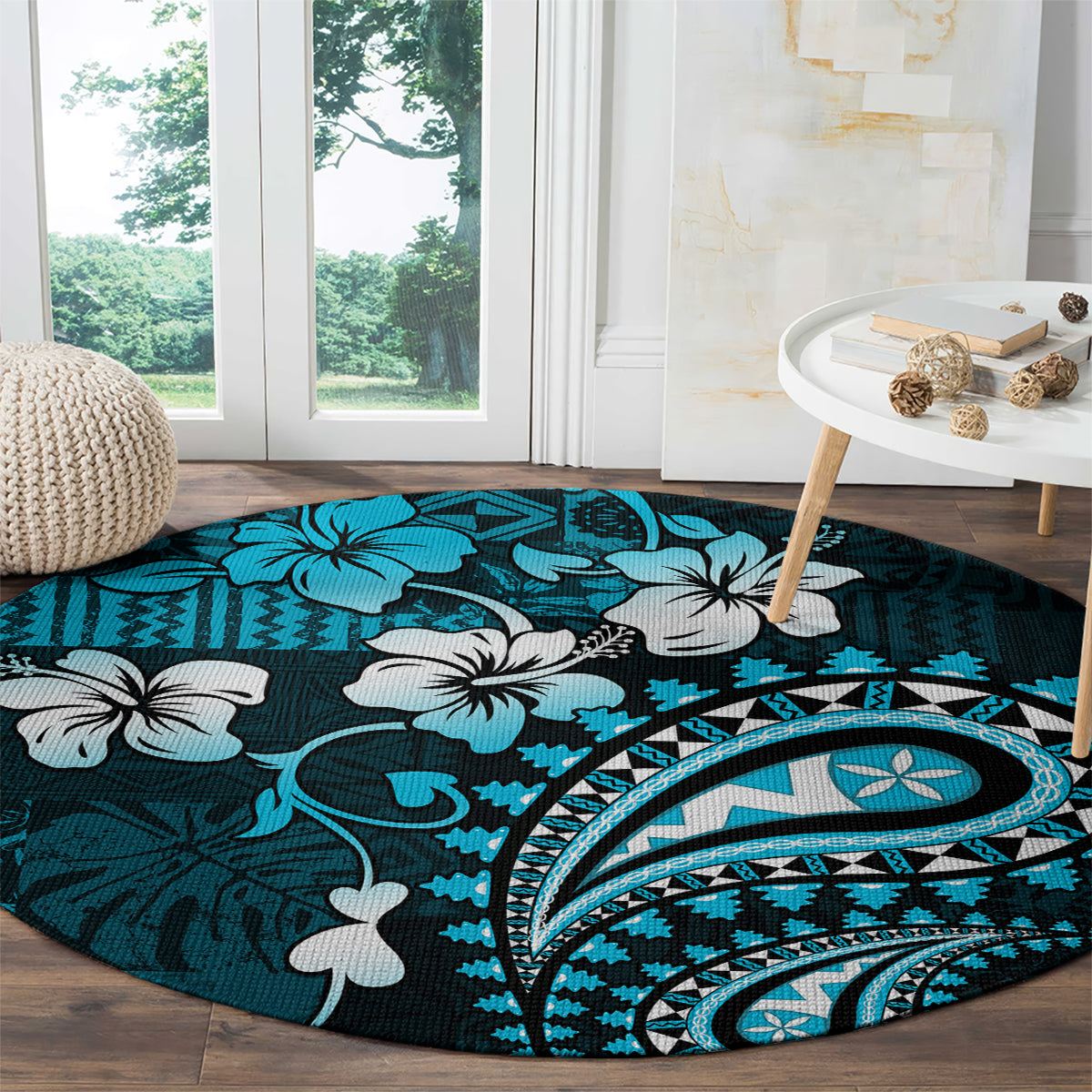 Fiji Masi Paisley Round Carpet Fijian Hibiscus Tapa Sky Blue Version LT01 - Polynesian Pride