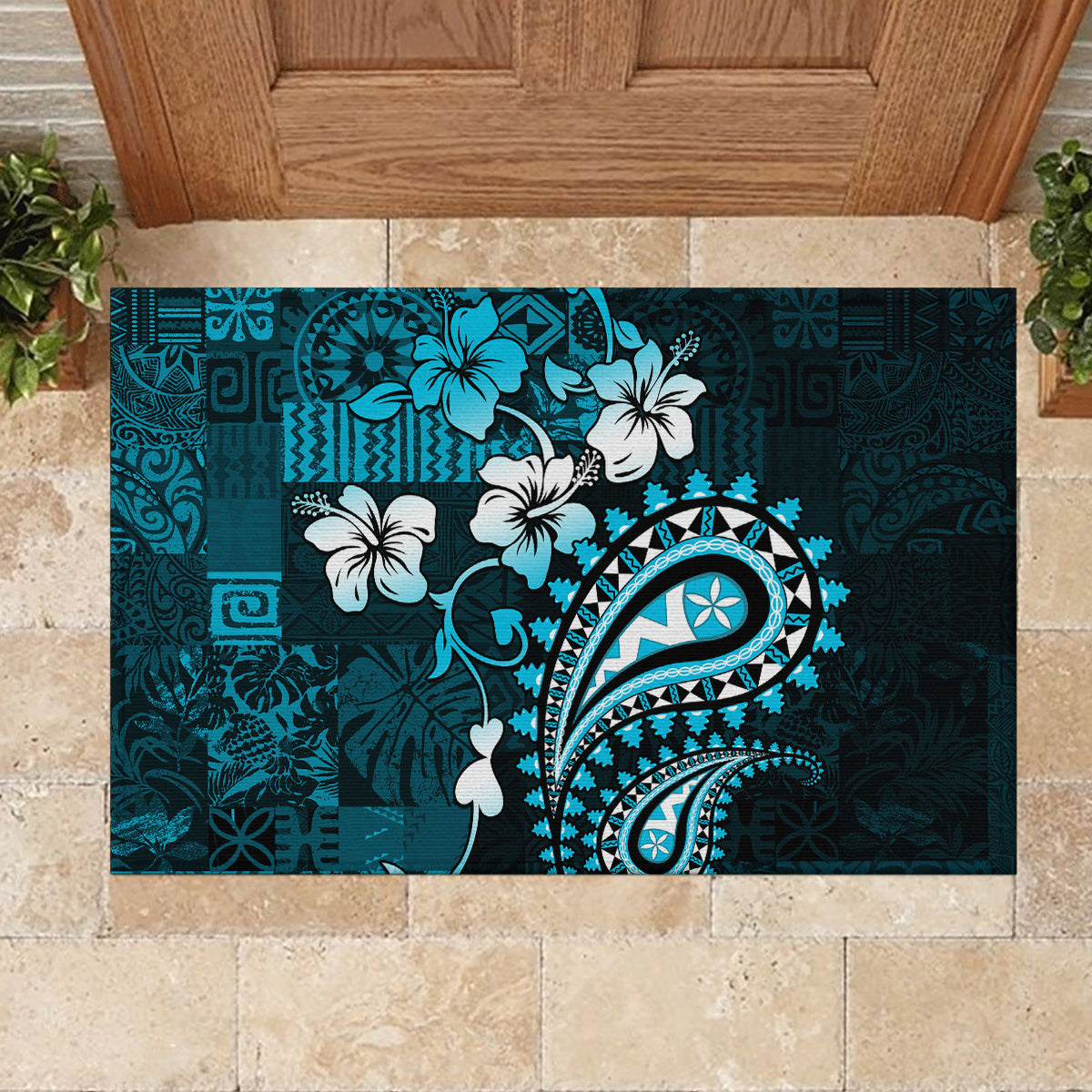 Fiji Masi Paisley Rubber Doormat Fijian Hibiscus Tapa Sky Blue Version LT01 - Polynesian Pride