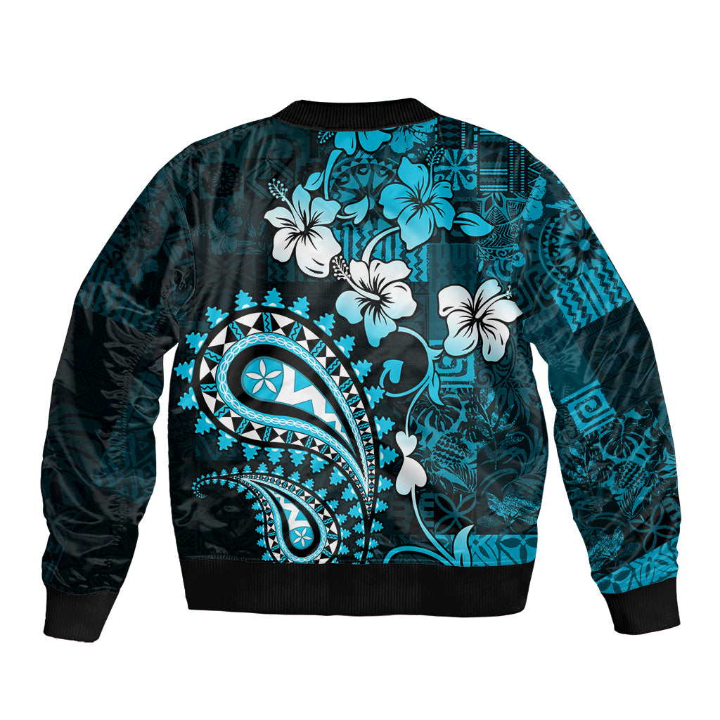 Fiji Masi Paisley Sleeve Zip Bomber Jacket Fijian Hibiscus Tapa Sky Blue Version LT01 - Polynesian Pride