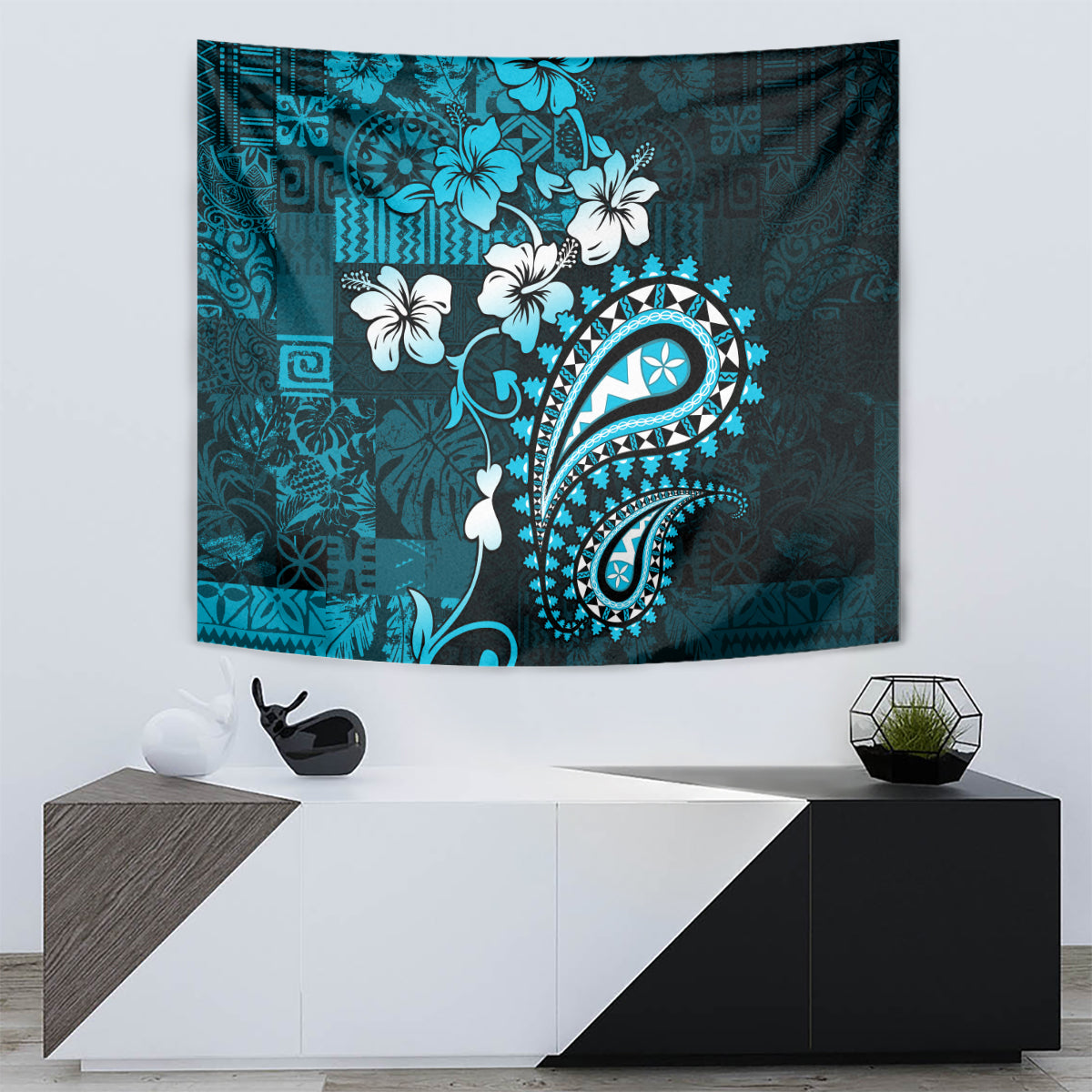 Fiji Masi Paisley Tapestry Fijian Hibiscus Tapa Sky Blue Version LT01 - Polynesian Pride