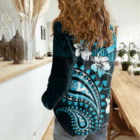 Fiji Masi Paisley Women Casual Shirt Fijian Hibiscus Tapa Sky Blue Version LT01 - Polynesian Pride