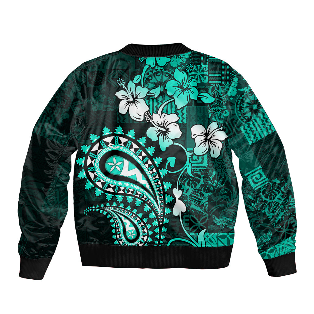 Fiji Masi Paisley Bomber Jacket Fijian Hibiscus Tapa Turquoise Version LT01 - Polynesian Pride