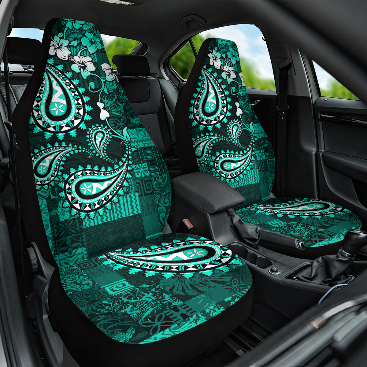 Fiji Masi Paisley Car Seat Cover Fijian Hibiscus Tapa Turquoise Version LT01 One Size Turquoise - Polynesian Pride