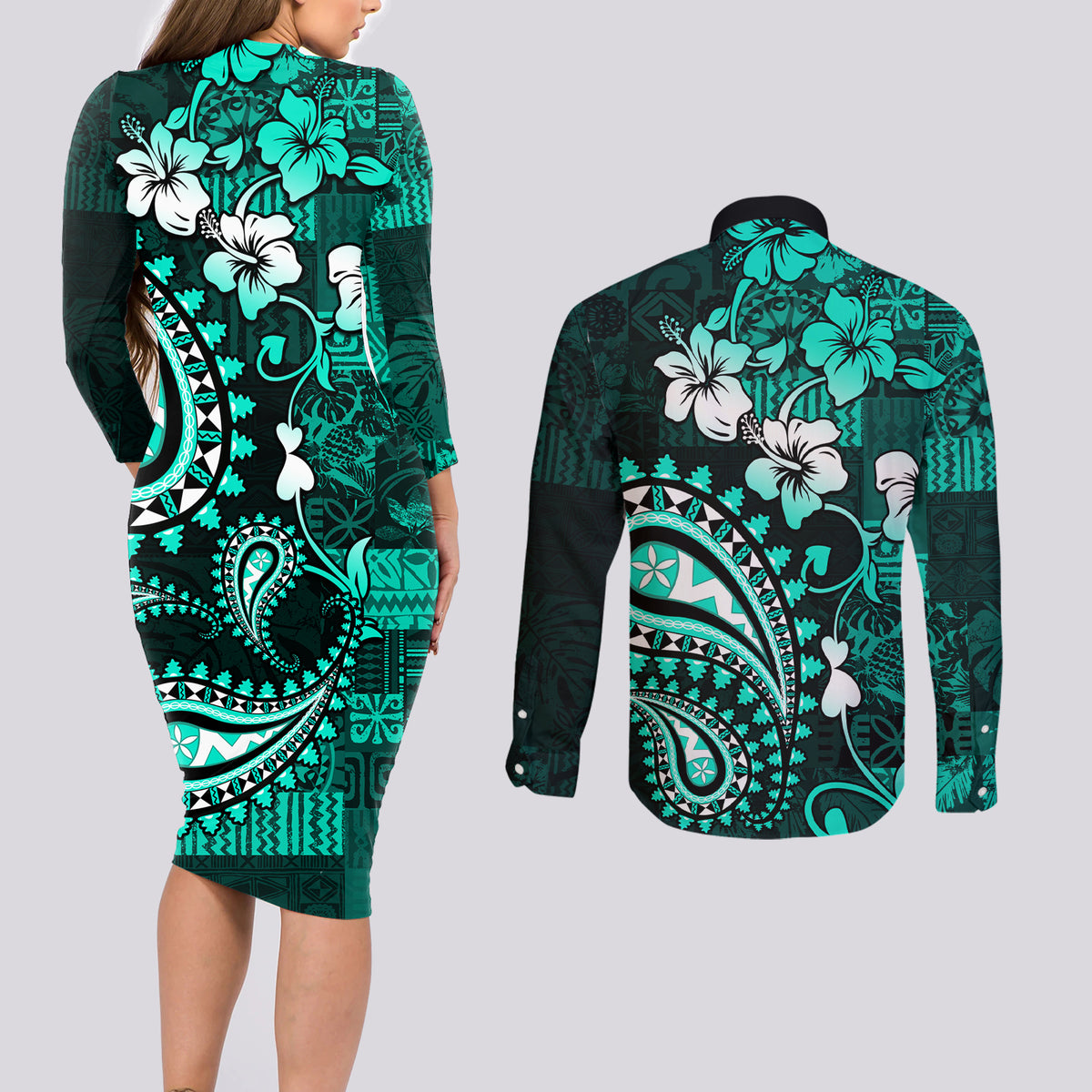 Fiji Masi Paisley Couples Matching Long Sleeve Bodycon Dress and Long Sleeve Button Shirt Fijian Hibiscus Tapa Turquoise Version LT01 - Polynesian Pride