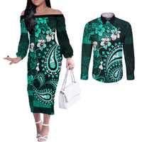 Fiji Masi Paisley Couples Matching Off The Shoulder Long Sleeve Dress and Long Sleeve Button Shirt Fijian Hibiscus Tapa Turquoise Version LT01 Turquoise - Polynesian Pride
