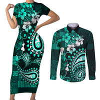 Fiji Masi Paisley Couples Matching Short Sleeve Bodycon Dress and Long Sleeve Button Shirt Fijian Hibiscus Tapa Turquoise Version LT01 Turquoise - Polynesian Pride