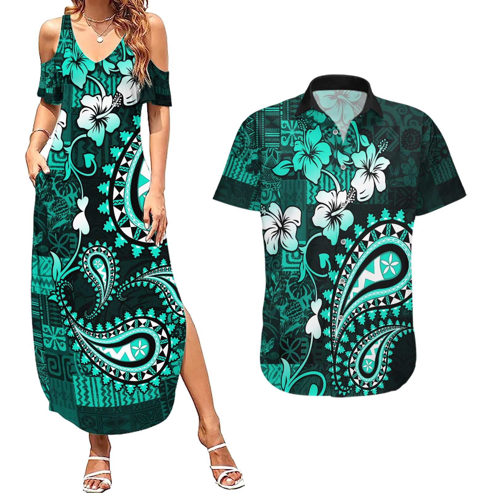 Fiji Masi Paisley Couples Matching Summer Maxi Dress and Hawaiian Shirt Fijian Hibiscus Tapa Turquoise Version LT01 Turquoise - Polynesian Pride