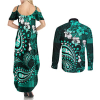 Fiji Masi Paisley Couples Matching Summer Maxi Dress and Long Sleeve Button Shirt Fijian Hibiscus Tapa Turquoise Version LT01 - Polynesian Pride