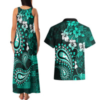 Fiji Masi Paisley Couples Matching Tank Maxi Dress and Hawaiian Shirt Fijian Hibiscus Tapa Turquoise Version LT01 - Polynesian Pride